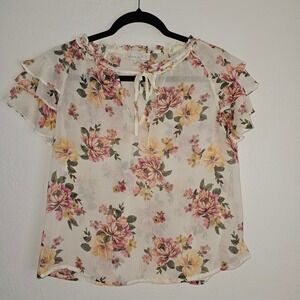 Alex & Lily Floral Ruffle Sleeve Tie Neck Blouse Women's M Cream Pink Yellow